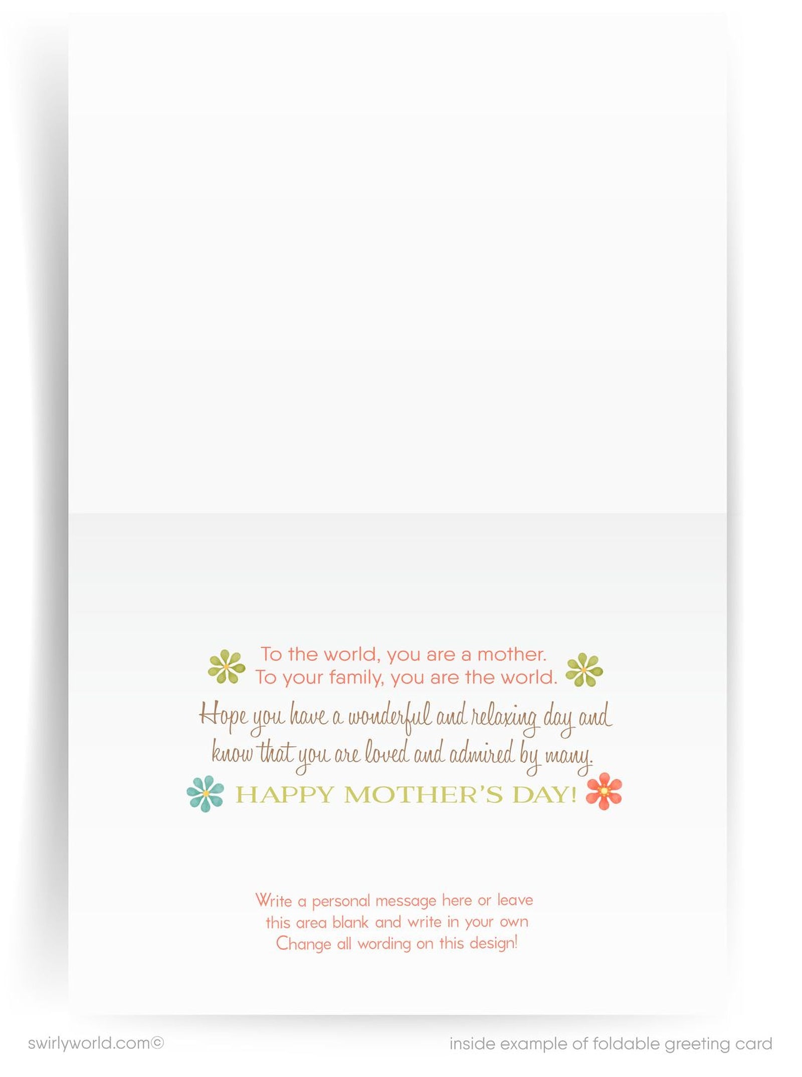 Mother's Day card with colorful flowers and a bird on a white background