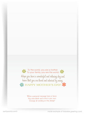 The image is a blank greeting card with a message for Mother's Day. It is a simple, elegant design with a white background and colorful text.