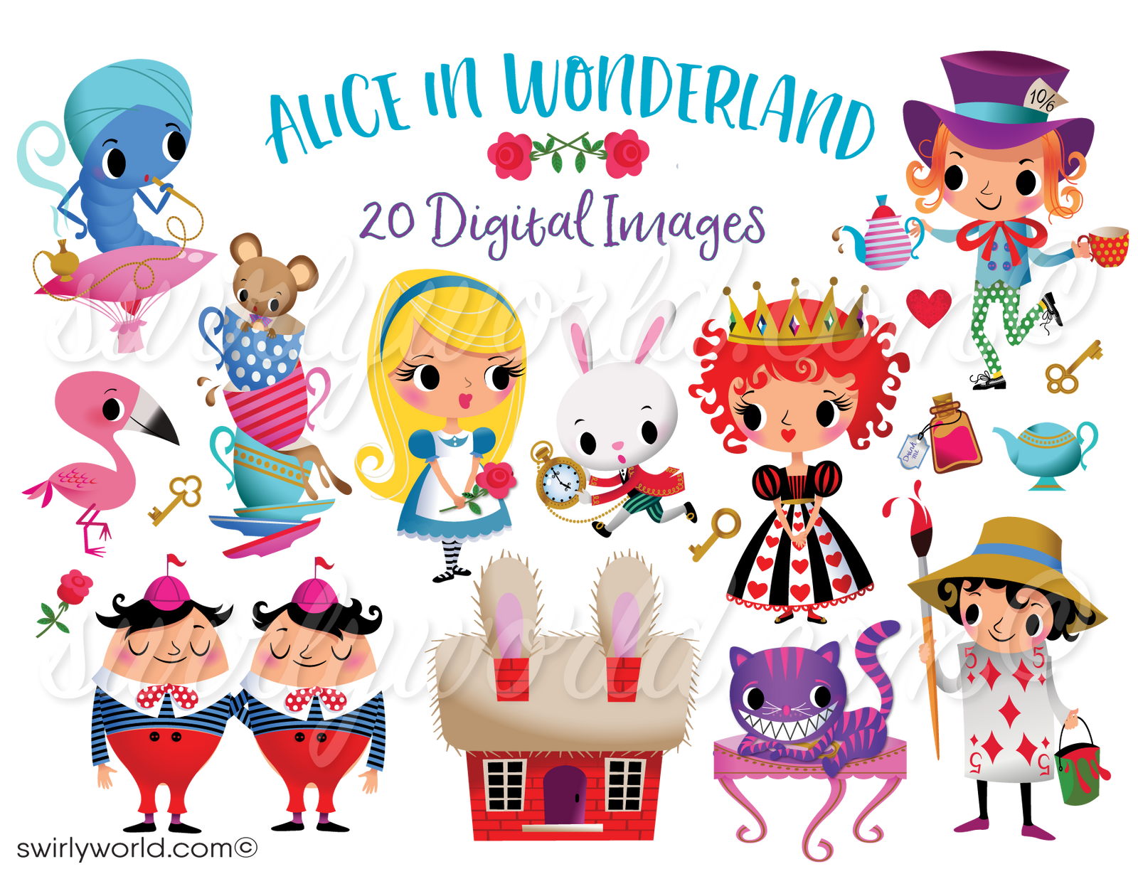 Exclusive Alice in Wonderland Cheshire Cat Mad Hatter Queen of Hearts Tweedle Dee Dum Caterpillar Digital Illustration Images
