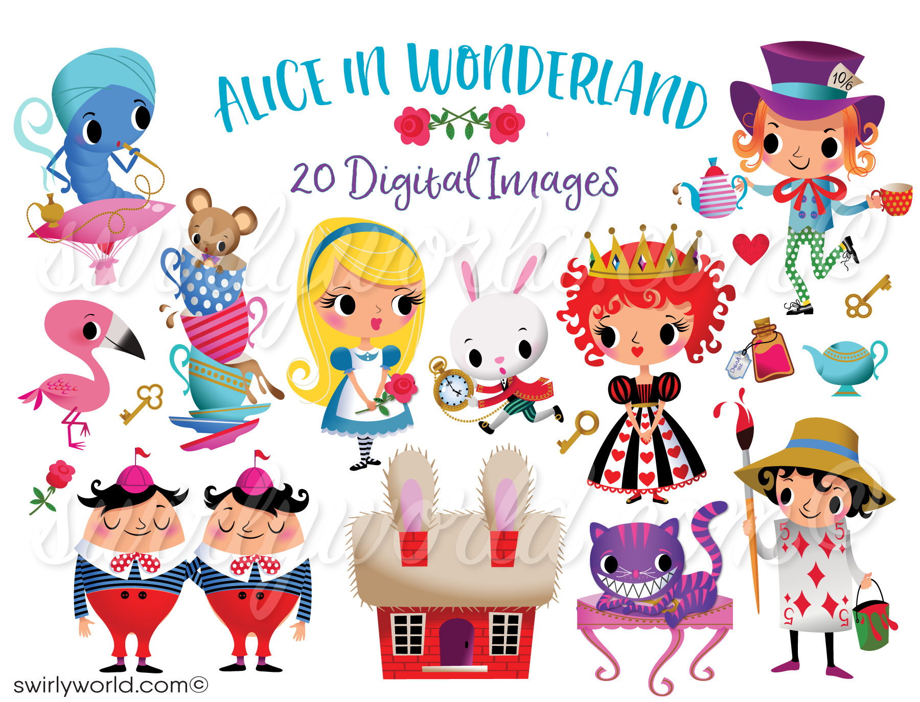Exclusive Alice in Wonderland Cheshire Cat Mad Hatter Queen of Hearts Tweedle Dee Dum Caterpillar Digital Illustration Images