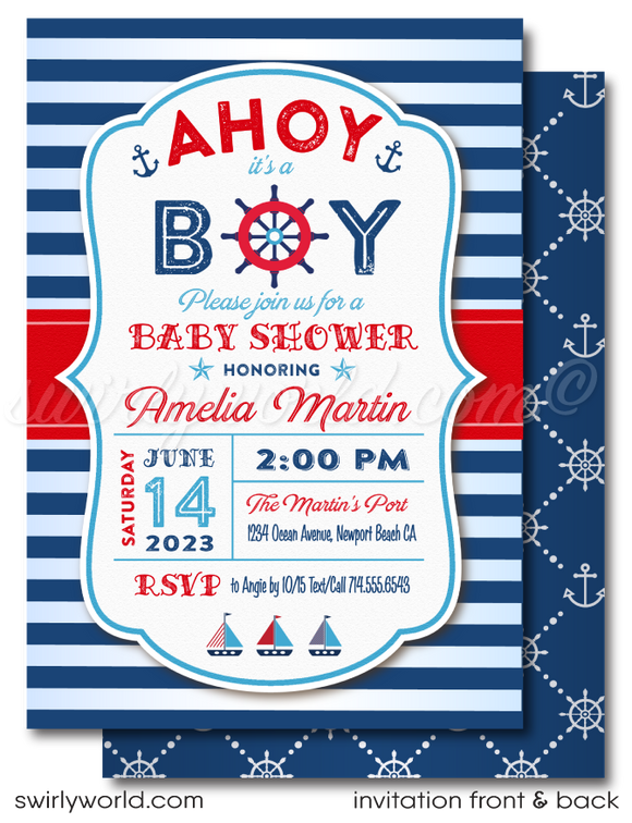 May your little bundle of joy set sail in style with these unique and exclusive nautical sailboat anchor theme baby shower digital invitation set! Get everyone excited to celebrate your new arrival while keeping your budget afloat. 