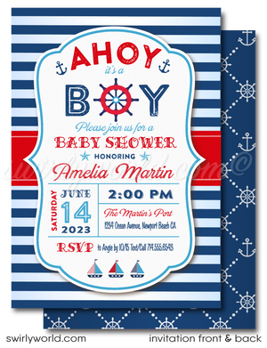 Embark on a maritime celebration with Swirly World's exclusive 'Ahoy It's A Boy' Nautical Baby Shower Invitation Set. Featuring sailboats, anchors, and captain’s wheel in red, white, and blue. Customize easily with Corjl and instantly download your designs for a sea-themed baby shower that’s sure to make waves.