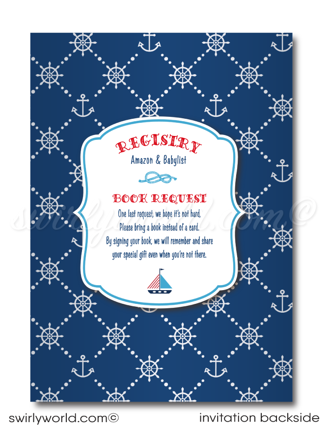 May your little bundle of joy set sail in style with these unique and exclusive nautical sailboat anchor theme baby shower digital invitation set! Get everyone excited to celebrate your new arrival while keeping your budget afloat. 