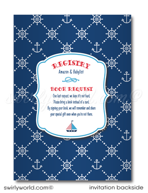 May your little bundle of joy set sail in style with these unique and exclusive nautical sailboat anchor theme baby shower digital invitation set! Get everyone excited to celebrate your new arrival while keeping your budget afloat. 