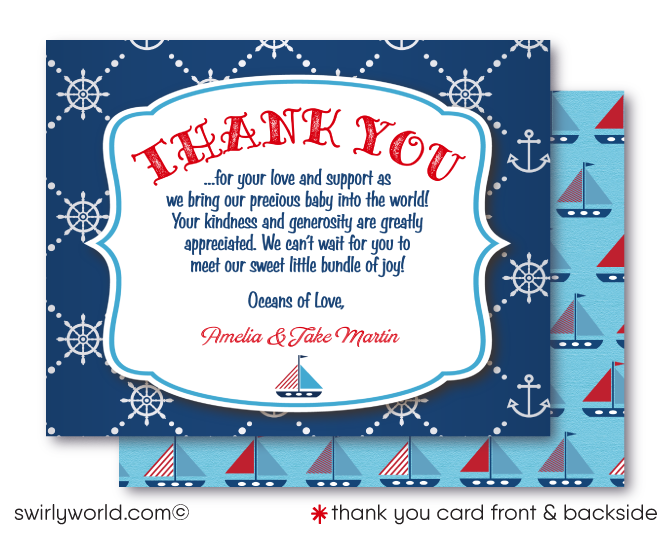 May your little bundle of joy set sail in style with these unique and exclusive nautical sailboat anchor theme baby shower digital invitation set! Get everyone excited to celebrate your new arrival while keeping your budget afloat. 