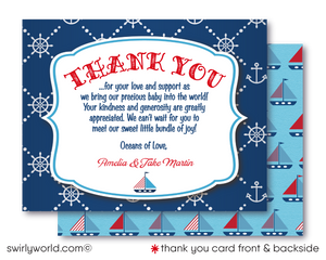 Embark on a maritime celebration with Swirly World's exclusive 'Ahoy It's A Boy' Nautical Baby Shower Invitation Set. Featuring sailboats, anchors, and captain’s wheel in red, white, and blue. Customize easily with Corjl and instantly download your designs for a sea-themed baby shower that’s sure to make waves.