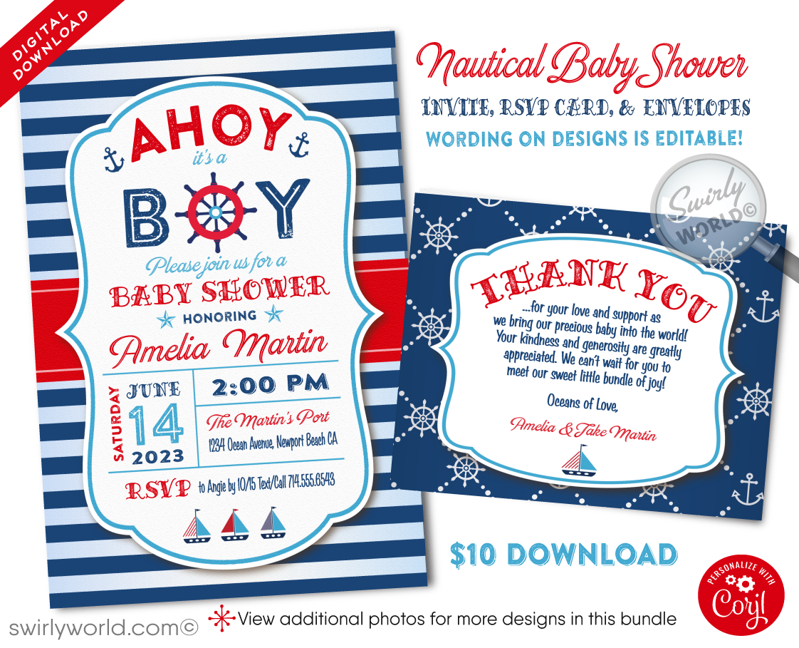 May your little bundle of joy set sail in style with these unique and exclusive nautical sailboat anchor theme baby shower digital invitation set! Get everyone excited to celebrate your new arrival while keeping your budget afloat. 