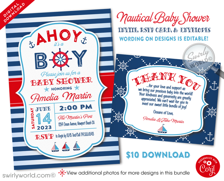 May your little bundle of joy set sail in style with these unique and exclusive nautical sailboat anchor theme baby shower digital invitation set! Get everyone excited to celebrate your new arrival while keeping your budget afloat. 