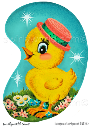 Vintage 1950s kitschy baby chick in spring garden flowers on Easter 