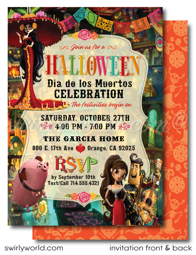 Delight your guests with our "Book of Life" Day of the Dead Halloween birthday invitation! Featuring beloved characters like La Muerte and Manolo against a vibrant Dia de los Muertos backdrop, this set is printed on premium card stock with matching envelopes. Fully customizable and shipped to your door!