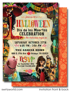 Delight your guests with our "Book of Life" Day of the Dead Halloween birthday invitation! Featuring beloved characters like La Muerte and Manolo against a vibrant Dia de los Muertos backdrop, this set is printed on premium card stock with matching envelopes. Fully customizable and shipped to your door!