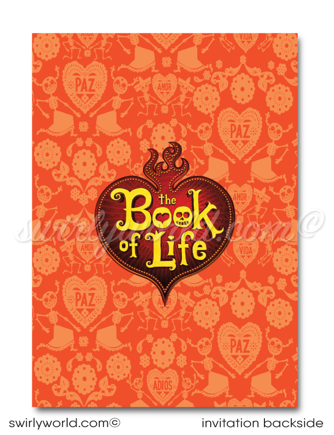 Delight your guests with our "Book of Life" Day of the Dead Halloween birthday invitation! Featuring beloved characters like La Muerte and Manolo against a vibrant Dia de los Muertos backdrop, this set is printed on premium card stock with matching envelopes. Fully customizable and shipped to your door!