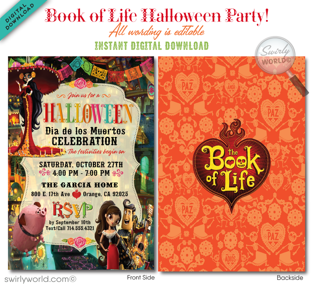 Book of Life Day of the Dead Halloween Party Invitation Digital Printable File Download