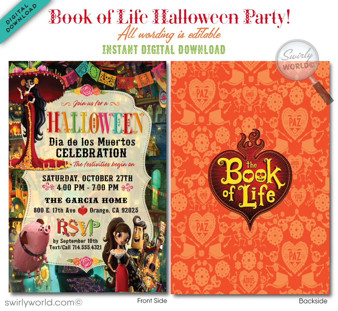 Book of Life Day of the Dead Halloween Party Invitation Digital Printable File Download