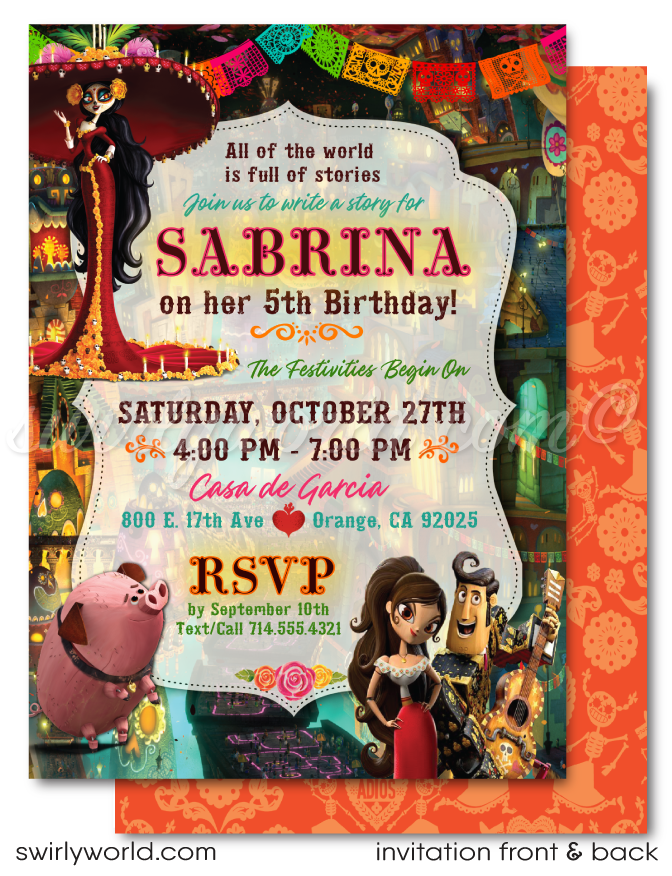 Celebrate the vibrant spirit and traditions of the Day of the Dead with our "Book of Life" Birthday Party Invitation Set. Inspired by characters La Muerte, Manolo, Maria, and Chuy the Pig, this set features a Dia de Los Muertos backdrop with Mexican visuals. It includes  invitations, thank you cards, and envelopes. 