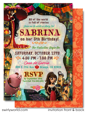 Celebrate the vibrant spirit and traditions of the Day of the Dead with our "Book of Life" Birthday Party Invitation Set. Inspired by characters La Muerte, Manolo, Maria, and Chuy the Pig, this set features a Dia de Los Muertos backdrop with Mexican visuals. It includes  invitations, thank you cards, and envelopes. 