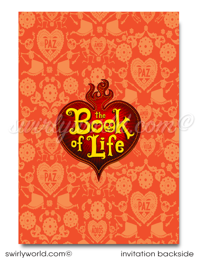Celebrate the vibrant spirit and traditions of the Day of the Dead with our "Book of Life" Birthday Party Invitation Set. Inspired by characters La Muerte, Manolo, Maria, and Chuy the Pig, this set features a Dia de Los Muertos backdrop with Mexican visuals. It includes  invitations, thank you cards, and envelopes. 