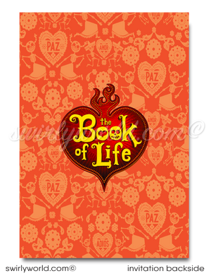 Celebrate the vibrant spirit and traditions of the Day of the Dead with our "Book of Life" Birthday Party Invitation Set. Inspired by characters La Muerte, Manolo, Maria, and Chuy the Pig, this set features a Dia de Los Muertos backdrop with Mexican visuals. It includes  invitations, thank you cards, and envelopes. 