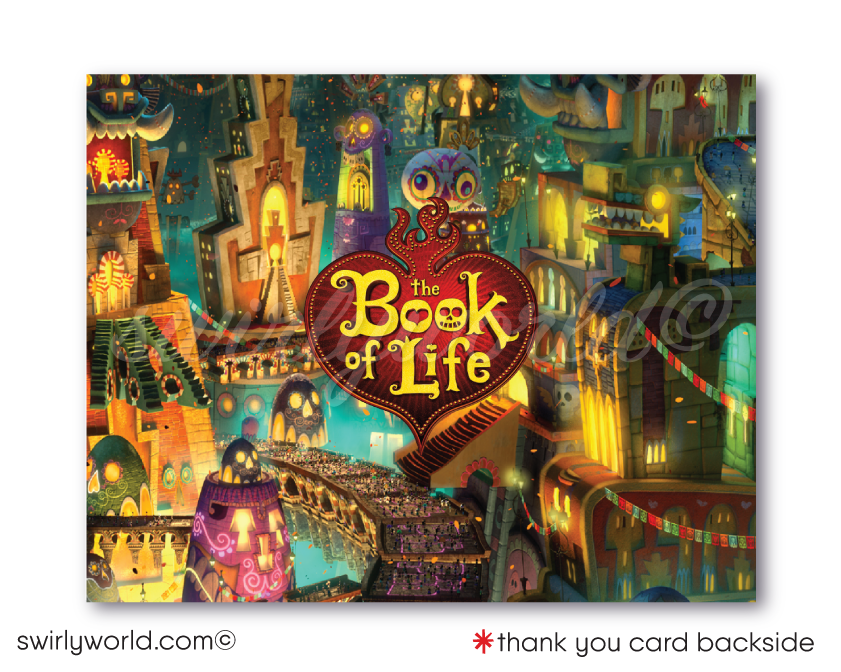  Celebrate the vibrant spirit and traditions of the Day of the Dead with our "Book of Life" Birthday Party Invitation Set. Inspired by characters La Muerte, Manolo, Maria, and Chuy the Pig, this set features a Dia de Los Muertos backdrop with Mexican visuals. It includes  invitations, thank you cards, and envelopes. 