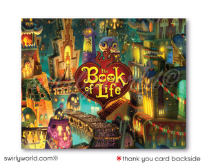  Celebrate the vibrant spirit and traditions of the Day of the Dead with our "Book of Life" Birthday Party Invitation Set. Inspired by characters La Muerte, Manolo, Maria, and Chuy the Pig, this set features a Dia de Los Muertos backdrop with Mexican visuals. It includes  invitations, thank you cards, and envelopes. 
