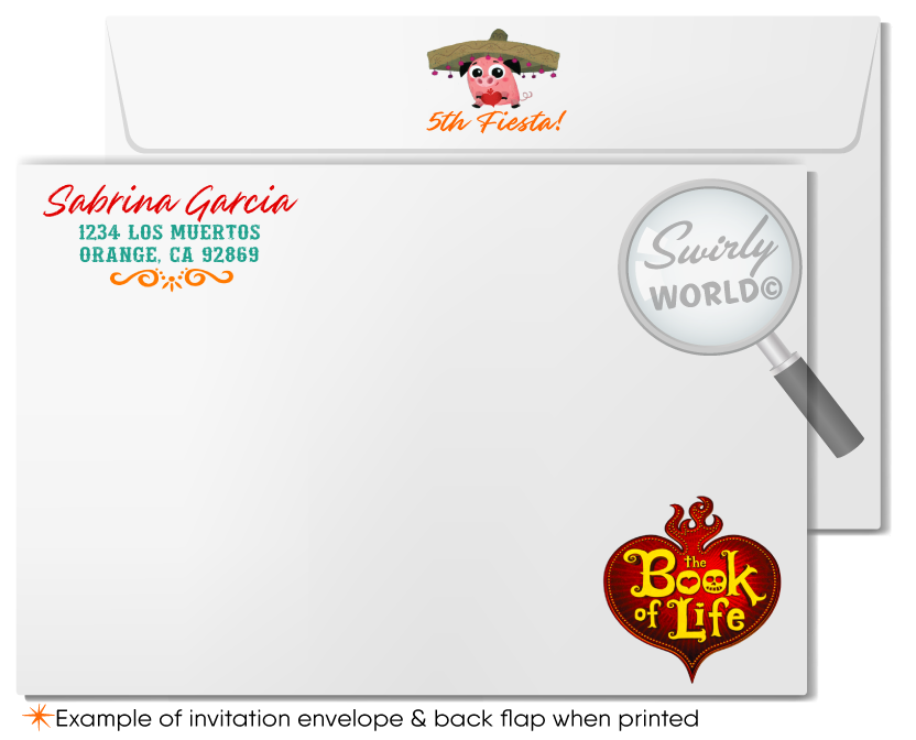 Celebrate the vibrant spirit and traditions of the Day of the Dead with our "Book of Life" Birthday Party Invitation Set. Inspired by characters La Muerte, Manolo, Maria, and Chuy the Pig, this set features a Dia de Los Muertos backdrop with Mexican visuals. It includes  invitations, thank you cards, and envelopes. 