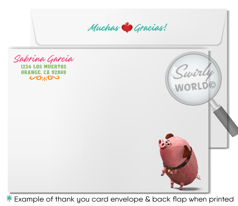 Celebrate the vibrant spirit and traditions of the Day of the Dead with our "Book of Life" Birthday Party Invitation Set. Inspired by characters La Muerte, Manolo, Maria, and Chuy the Pig, this set features a Dia de Los Muertos backdrop with Mexican visuals. It includes  invitations, thank you cards, and envelopes. 