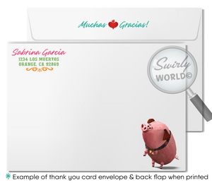 Celebrate the vibrant spirit and traditions of the Day of the Dead with our "Book of Life" Birthday Party Invitation Set. Inspired by characters La Muerte, Manolo, Maria, and Chuy the Pig, this set features a Dia de Los Muertos backdrop with Mexican visuals. It includes  invitations, thank you cards, and envelopes. 