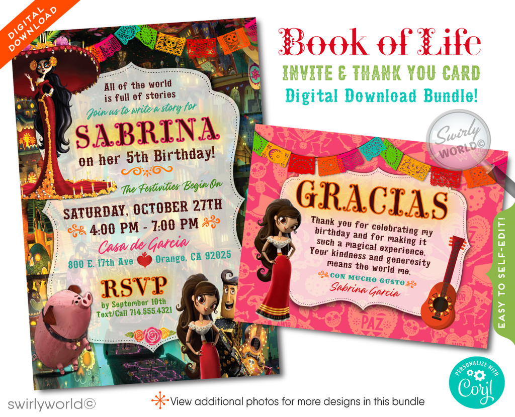 "Book of Life" Day of the Dead Dia de Los Muertos Birthday Party Invite & Thank You Card