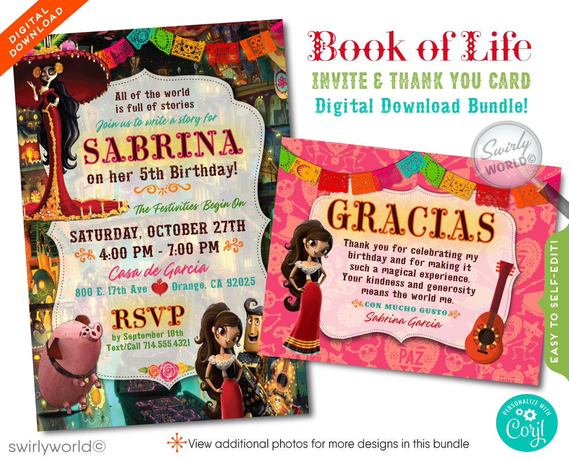 "Book of Life" Day of the Dead Dia de Los Muertos Birthday Party Invite & Thank You Card