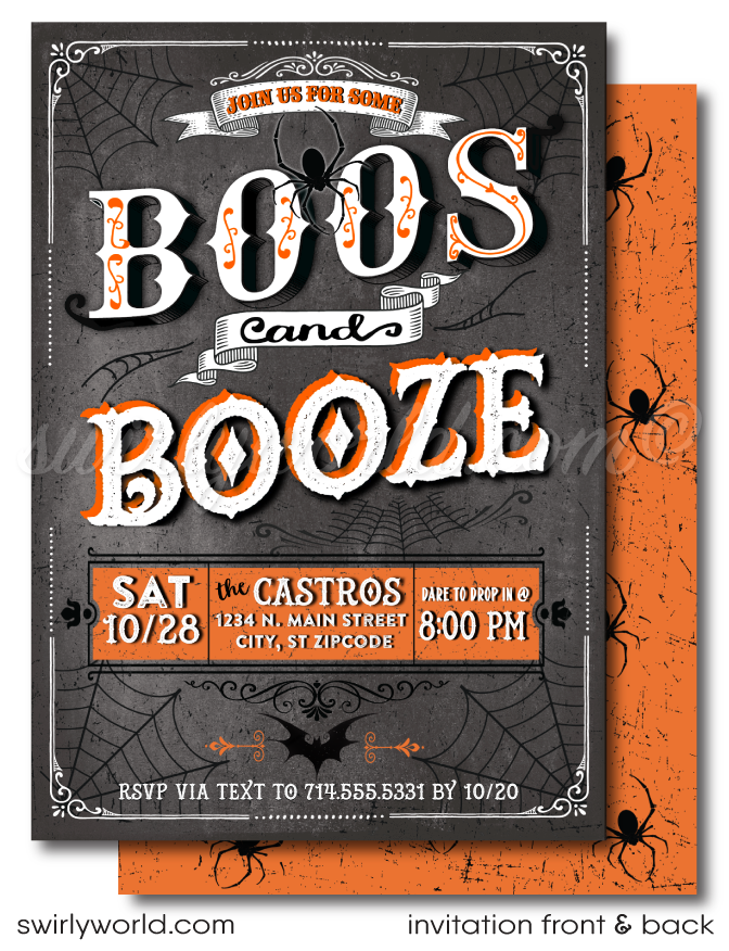 "Boos and Booze" Victorian Vintage Retro Adult Cocktail Party Halloween Invitations 