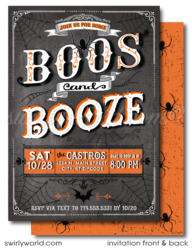 Elevate your Halloween soirée with our vintage Steampunk and Victorian Goth-inspired invitations! Printed on premium card stock with custom envelopes, this elegantly eerie design is perfect for a "Boo's and Booze" themed party or a chic gathering. Make a lasting impression with this sophisticated invitation set.