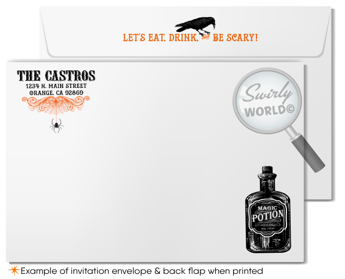 Set the tone for a SPOOKTACULAR Halloween gathering with our vintage Steampunk and Victorian Goth-inspired invitation! Perfect for a "Boo's and Booze" soirée or a chic gathering, this stylish and customizable design is easy to download and share via print, post, text, email, or evite.