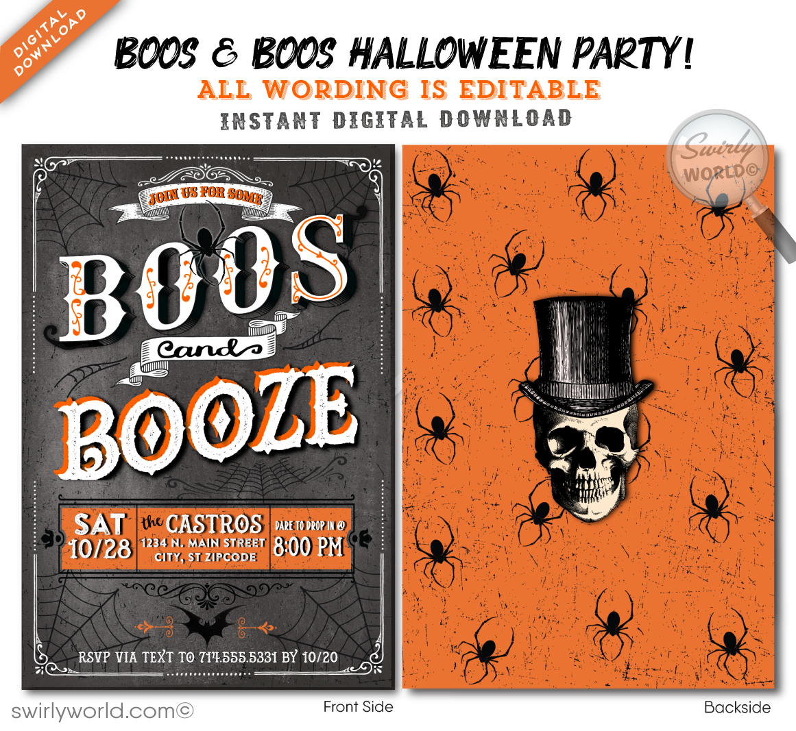 Set the tone for a SPOOKTACULAR Halloween gathering with our vintage Steampunk and Victorian Goth-inspired invitation! Perfect for a "Boo's and Booze" soirée or a chic gathering, this stylish and customizable design is easy to download and share via print, post, text, email, or evite.