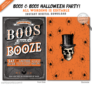 Set the tone for a SPOOKTACULAR Halloween gathering with our vintage Steampunk and Victorian Goth-inspired invitation! Perfect for a "Boo's and Booze" soirée or a chic gathering, this stylish and customizable design is easy to download and share via print, post, text, email, or evite.