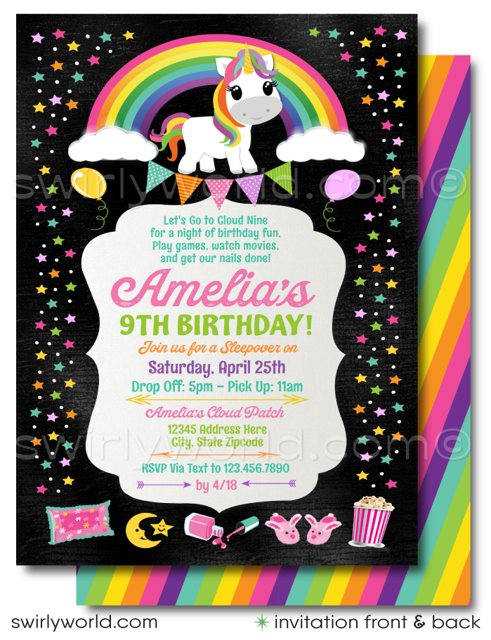 Elevate your little girl's 9th birthday celebration to magical heights with our "Cloud Nine" themed digital downloadable invitation and thank you card design set. Perfectly capturing the essence of whimsy and wonder, this Unicorn design set is a dream come true for a slumber party celebration.