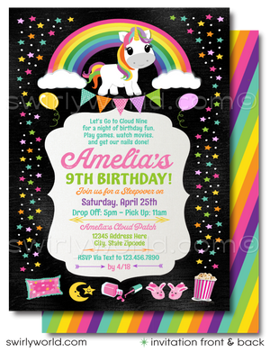 Elevate your little girl's 9th birthday celebration to magical heights with our "Cloud Nine" Unicorn rainbow themed themed invitation and thank you card design set. Perfectly capturing the essence of whimsy and wonder, this design set is a dream come true for a slumber party celebration.