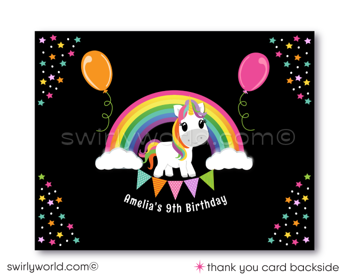 "Cloud Nine" Magical Pastel Rainbow Unicorn Slumber Party Sleepover Printed Birthday Invitations