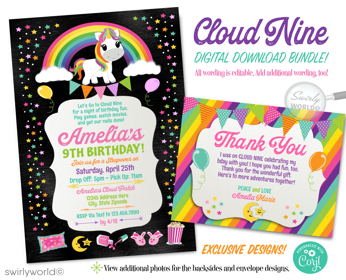 Elevate your little girl's 9th birthday celebration to magical heights with our "Cloud Nine" themed digital downloadable invitation and thank you card design set. Perfectly capturing the essence of whimsy and wonder, this Unicorn design set is a dream come true for a slumber party celebration.