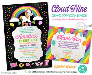 Elevate your little girl's 9th birthday celebration to magical heights with our "Cloud Nine" themed digital downloadable invitation and thank you card design set. Perfectly capturing the essence of whimsy and wonder, this Unicorn design set is a dream come true for a slumber party celebration.
