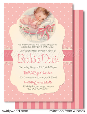 "Tickled Pink" Retro Mid-Century 1940s Baby Shower Invitation & Thank You Card Set