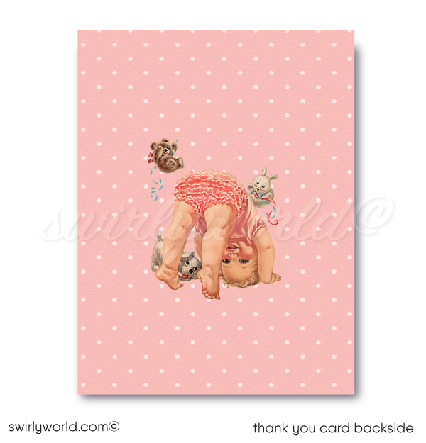 "Tickled Pink" Retro Mid-Century 1940s Baby Shower Invitation & Thank You Card Set