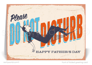 Gift relaxation this Father’s Day with Swirly World's Vintage 'Do Not Disturb' Father’s Day Card. Featuring a retro illustration of a dad in a hammock, it’s perfect for businesses or friends. Easily customizable to convey your special message. Show appreciation with a touch of vintage charm and leisure.