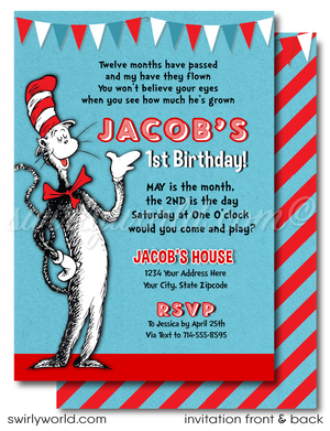 Celebrate with our Vintage "Cat in the Hat" 1st Birthday Invitation Set! 🎉📚 Featuring vibrant Thing 1 and Thing 2 images, red and blue striped accents. Customize easily with Corjl. Includes invitations, thank you cards, and envelopes. Perfect for a whimsical Dr. Seuss-themed milestone celebration!