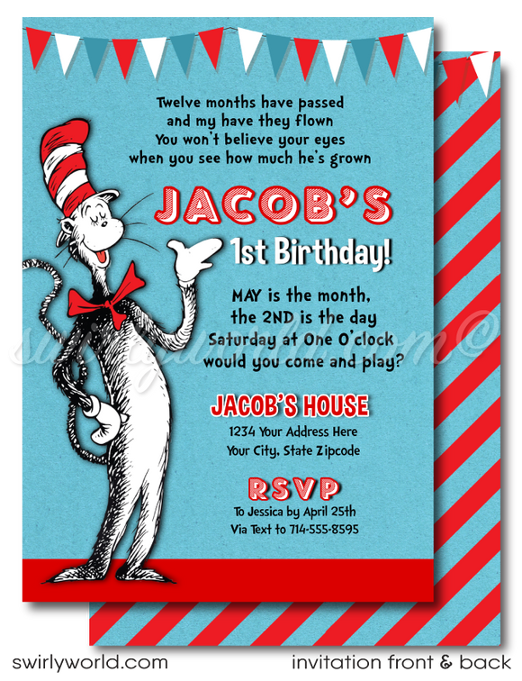 Cat in the Hat Dr Seuss First 1st Birthday Party Invitation Digital Download for Girl or Boy