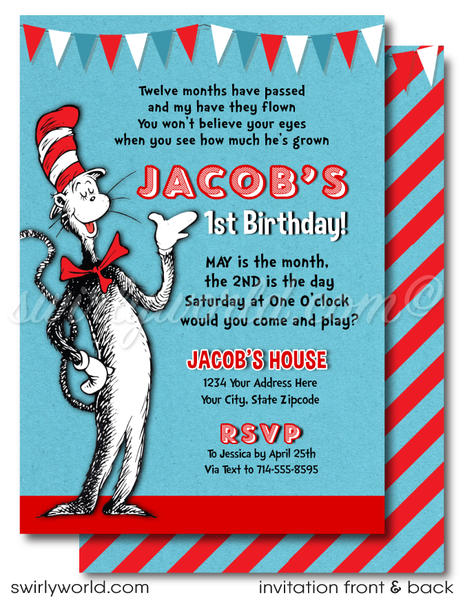 Step into Dr. Seuss's enchanting world with our "Cat in the Hat" 1st Birthday Invitation Set! 🎉📚 Featuring vibrant Thing 1 and Thing 2 images, red and blue stripes. Includes printed invitations, thank you cards, and envelopes. Perfect for a whimsical Seussian celebration! Customize easily for a memorable event!
