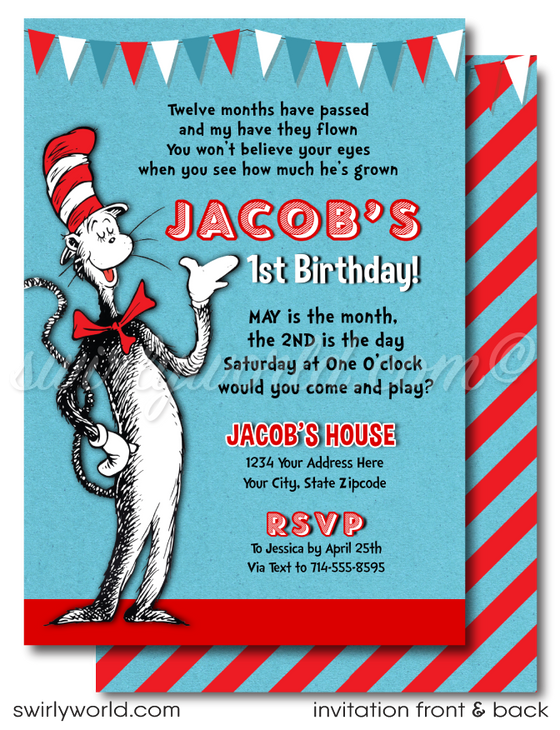 Vintage Cat in the Hat Dr Seuss First 1st Birthday Party Invitation Set for Girl or Boy