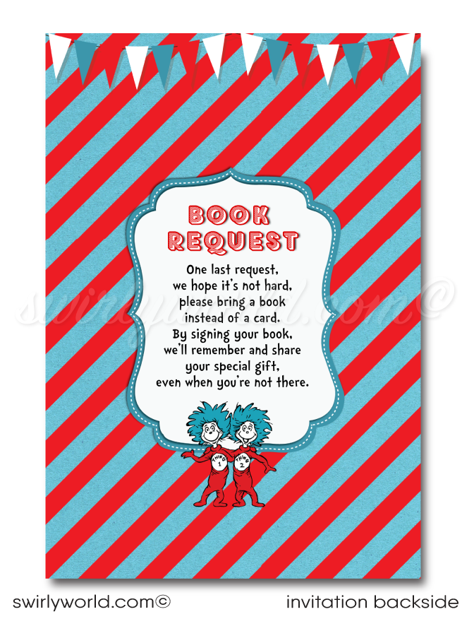 Cat in the Hat Dr Seuss First 1st Birthday Party Invitation Book Request Digital Download for Girl or Boy