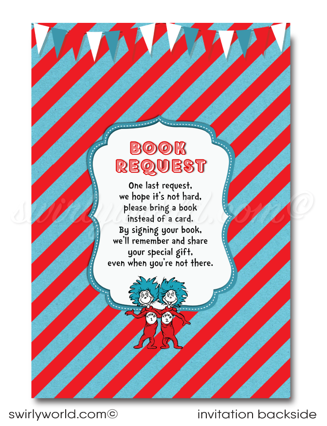 Step into Dr. Seuss's enchanting world with our "Cat in the Hat" 1st Birthday Invitation Set! 🎉📚 Featuring vibrant Thing 1 and Thing 2 images, red and blue stripes. Includes printed invitations, thank you cards, and envelopes. Perfect for a whimsical Seussian celebration! Customize easily for a memorable event!