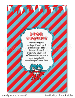 Step into Dr. Seuss's enchanting world with our "Cat in the Hat" 1st Birthday Invitation Set! 🎉📚 Featuring vibrant Thing 1 and Thing 2 images, red and blue stripes. Includes printed invitations, thank you cards, and envelopes. Perfect for a whimsical Seussian celebration! Customize easily for a memorable event!