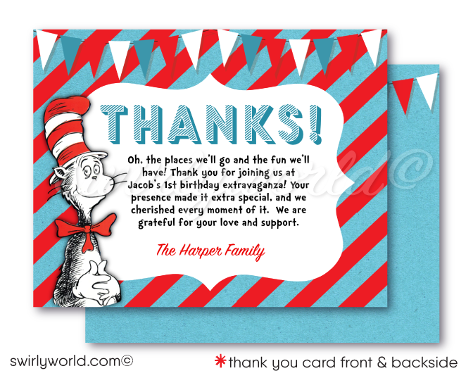 Cat in the Hat Dr Seuss First 1st Birthday Party Invitation thank you card Digital Download for Girl or Boy